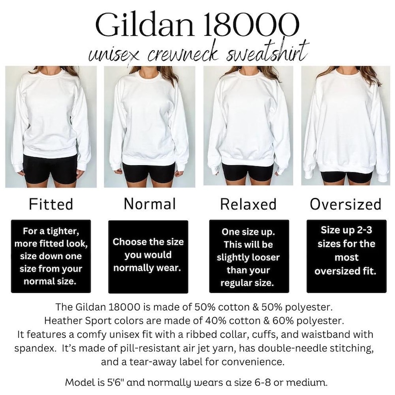 Peut inclure: Un sweat-shirt &agrave; col rond unisexe Gildan 18000 blanc en quatre coupes diff&eacute;rentes&nbsp;: ajust&eacute;, normal, d&eacute;contract&eacute; et surdimensionn&eacute;. L&rsquo;image montre un mannequin portant chaque coupe de sweat-shirt. Le texte sous l&rsquo;image d&eacute;crit la coupe de chaque sweat-shirt et la composition du mat&eacute;riau. Le texte indique &eacute;galement que le mannequin mesure 1,68&nbsp;m et porte g&eacute;n&eacute;ralement une taille 38-40 ou une taille moyenne.