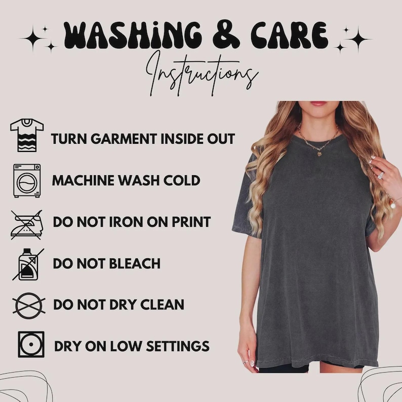 May include: A dark gray t-shirt with care instructions. The text reads: Turn garment inside out, machine wash cold, do not iron on print, do not bleach, do not dry clean, and dry on low settings.