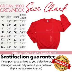 Peut inclure: Un tableau des tailles pour un sweat-shirt &agrave; col rond Gildan 1800 de couleur rouge avec des mesures en pouces pour les tailles S &agrave; 5XL. Le tableau indique les mesures de la poitrine, de la longueur et de la longueur des manches.