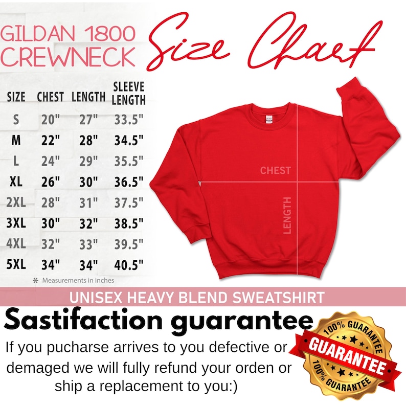 Peut inclure: Un tableau des tailles pour un sweat-shirt &agrave; col rond Gildan 1800 de couleur rouge avec des mesures en pouces pour les tailles S &agrave; 5XL. Le tableau indique les mesures de la poitrine, de la longueur et de la longueur des manches.