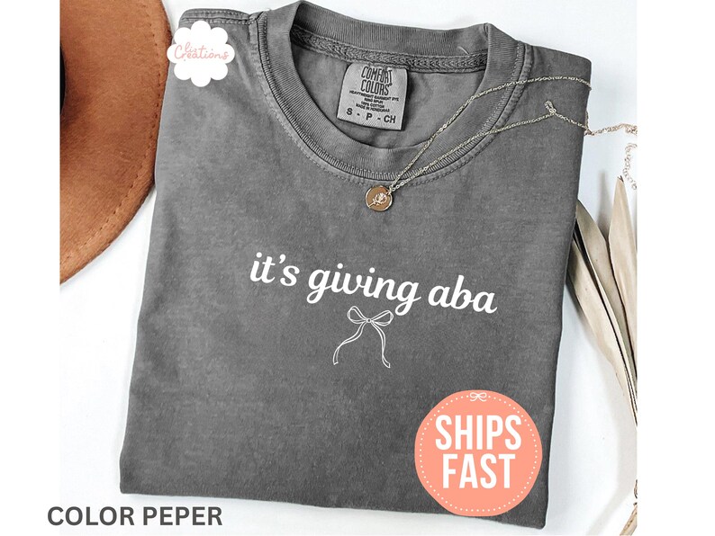 May include: A charcoal gray short-sleeve t-shirt with a crew neckline. The shirt features the white text "it's giving aba" printed on the chest, accompanied by a small white line-art bow graphic positioned directly below the text.
