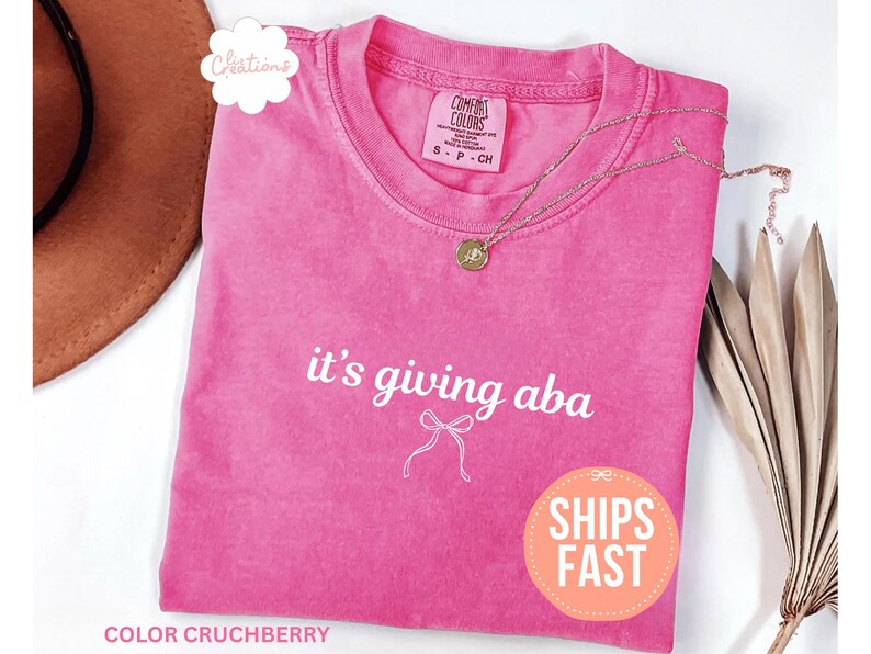 May include: A bright pink short-sleeve t-shirt with a crew neckline. The shirt features the white text 'it's giving aba' printed above a simple white line drawing of a bow. The garment has a Comfort Colors brand label at the inner neck.