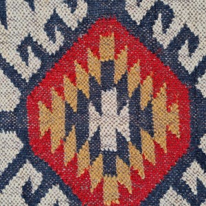 May include: Close-up of a woven rug with a geometric pattern. The rug features a central red diamond shape with yellow and white accents, surrounded by a navy blue and white design. The rug has a textured appearance.
