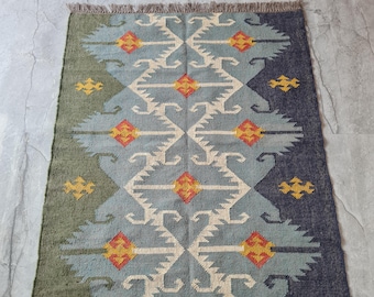 Alfombra Navajo Kilim hecha a mano, alfombra azteca, alfombra decorativa, alfombra exterior/alfombra interior, sala de estar/comedor 4 x 6 pies. Alfombra Kilim de yute de lana, DhurrieRug indio