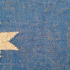 Puede incluir: Primer plano de un textil azul tejido con un gran dise&ntilde;o de estrella blanquecina en la esquina superior izquierda. El textil tiene una apariencia texturizada, con un dise&ntilde;o parcial m&aacute;s peque&ntilde;o en la esquina inferior derecha. El fondo es azul liso.