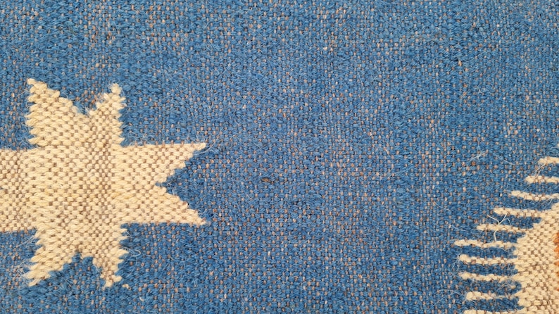 Puede incluir: Primer plano de un textil azul tejido con un gran dise&ntilde;o de estrella blanquecina en la esquina superior izquierda. El textil tiene una apariencia texturizada, con un dise&ntilde;o parcial m&aacute;s peque&ntilde;o en la esquina inferior derecha. El fondo es azul liso.