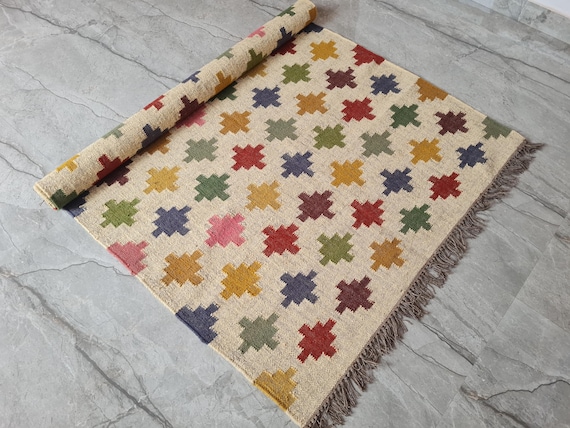 Handwoven Wool Jute Kilim Rug – Bohemian Geometric Area Rug, Tribal Vintage Carpet, Handmade Flatweave Floor Decor, Natural Fiber Runner