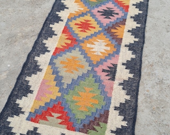 Kilim runner Handwoven Wool Jute Rug Handmade Kilim Dhurrie Rug, Motifs Oriental Traditional Indian Geometric Turkish Home decor