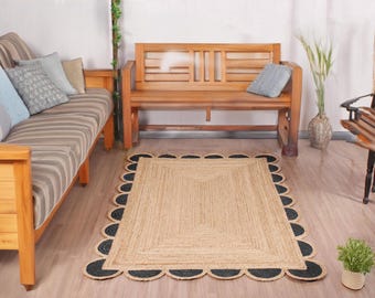 Handmade Jute Rug with Green Border, Rectangular Braided Area Rug, Natural Jute Rug, Boho Home Decor, Eco-Friendly Living Room & Bedroom Rug