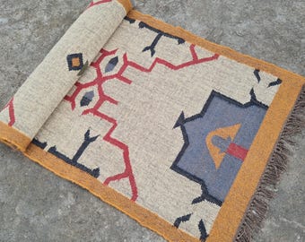 Kilim Runner Handwoven Navajo Kilim Rug Handmade Kilim Dhurrie Rug Motifs, Oriental, Traditional Indian Geometric Kilim Runner Custom Rug