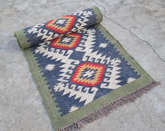 Kilim Rug, Handwoven, Wool and Jute Rug Handmade, Kilim Dhurrie Rug, Traditional Indian jute Area rug