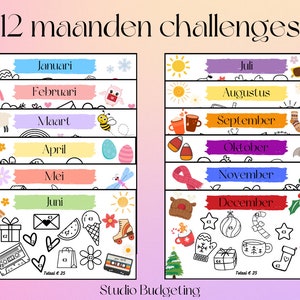 Peut inclure: Un planificateur coloré avec le texte "12 maanden challenges" et les mois de l'année. Chaque mois est représenté avec des illustrations et du texte, dont une glace, un arc-en-ciel et un flocon de neige. Le logo Studio Budgeting est en bas.