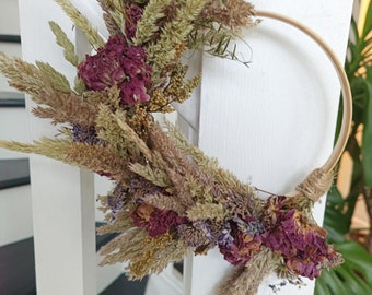 Dried Flower Wreath with Wild Roses, Meadow Sweet, Scabiosa and Grasses