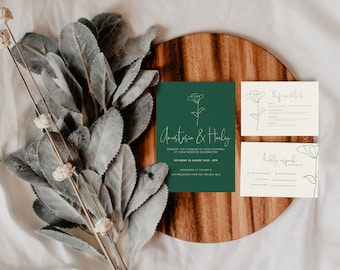 Minimalist Green Wedding Invitation Set, Editable Template Invite Set, Dark Green Wedding Instant Printable Download, RSVP, Details Card