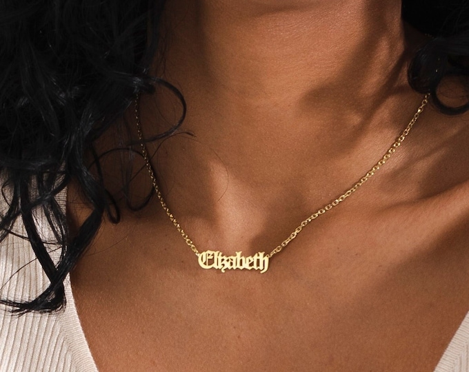 14K Gold Old English Name Necklace, Old English Name Plate Necklace, Gothic Name Necklace, Custom Nameplate Necklace, Birthday Gift For Her