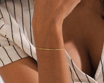 14k Gold Curb Chain Bracelet - Cuban Link Bracelet - Thin Gold Bracelet - 925K Silver Curb Chain Bracelet - Simple Gold Bracelet For Women