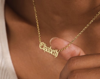 14K Gold Old English Name Necklace, Old English Name Plate Necklace, Gothic Name Necklace, Custom Nameplate Necklace, Birthday Gift For Her