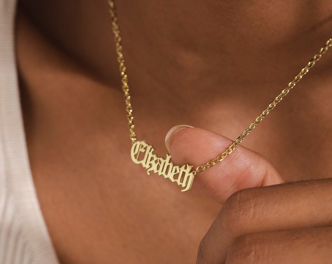 14K Gold Old English Name Necklace, Old English Name Plate Necklace, Gothic Name Necklace, Custom Nameplate Necklace, Birthday Gift For Her