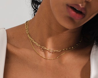 14K Gold Paperclip Chain Necklace - 925 Silver Paper Clip Necklace - Thick Chain Necklace - Gold Link Chain - Waterproof Paper Clip Chain
