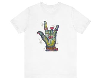 TE AMO! Camiseta colorida com linguagem de sinais | Arte desenhada à mão