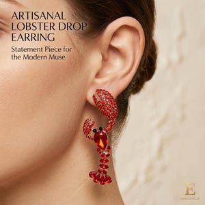 Oversized Carmine Lobster Statement Earrings, Rhinestone Nautical Dangle Jewelry