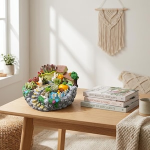 Puede incluir: Una maceta decorativa para suculentas con forma de escena de jardín en miniatura. Presenta pequeñas casas, un estanque y figuras de conejos. La maceta es gris con detalles verdes, marrones y naranjas. Libros con temas botánicos apilados cerca.