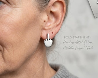 Hand-sculpted Silver Middle Finger Stud Earrings, Edgy Statement Jewelry
