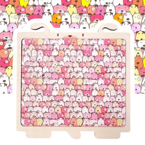 May include: A wooden puzzle featuring a repeating pattern of cartoon dogs in shades of pink, peach, and white. The puzzle is framed by a light-colored wooden border. The background is filled with a similar pattern of dogs.