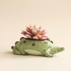 Op de afbeelding: Een groene alligatorvormige plantenbak met een getextureerd oppervlak, met een roze en crème vetplant. De alligator heeft donkergroene vlekken en gesloten ogen. Een decoratief item voor thuis of op kantoor.
