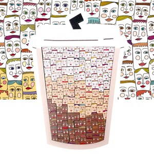 Puede incluir: Ilustración artística de una taza de café llena de numerosos rostros estilizados. La taza es blanca con una tapa negra, y los rostros en el interior varían en tono de piel y expresión, creando un diseño único y colorido.