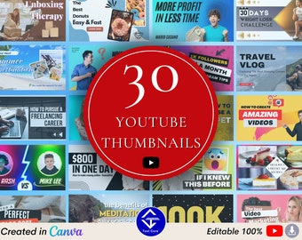 30 Youtube Thumbnail Templates, Lead Magnet, Youtube Intro, Editable Canva Templates