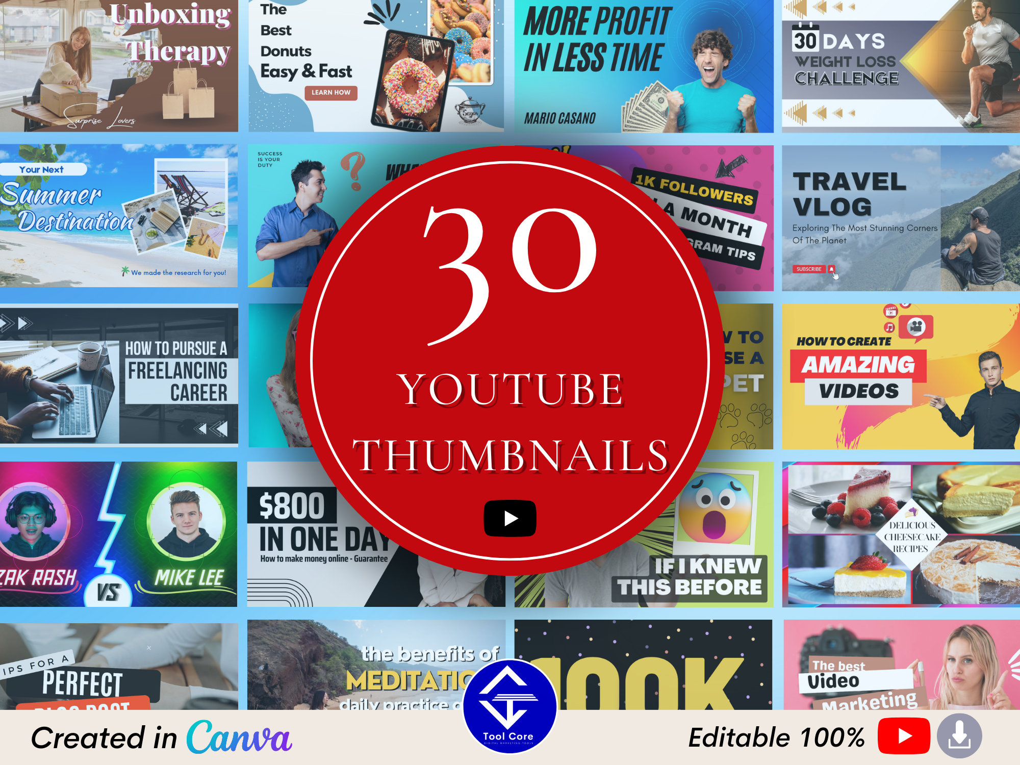 30 Youtube Thumbnail Templates, Lead Magnet, Youtube Intro, Editable Canva  Templates