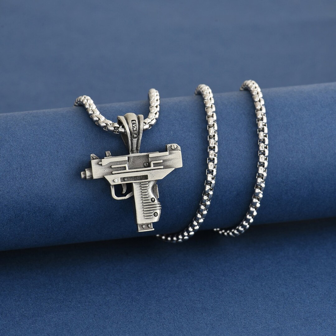 Uzi Gun Necklace for Men, Mini Uzi Men Charm Necklace, Oxdized Gun Mens