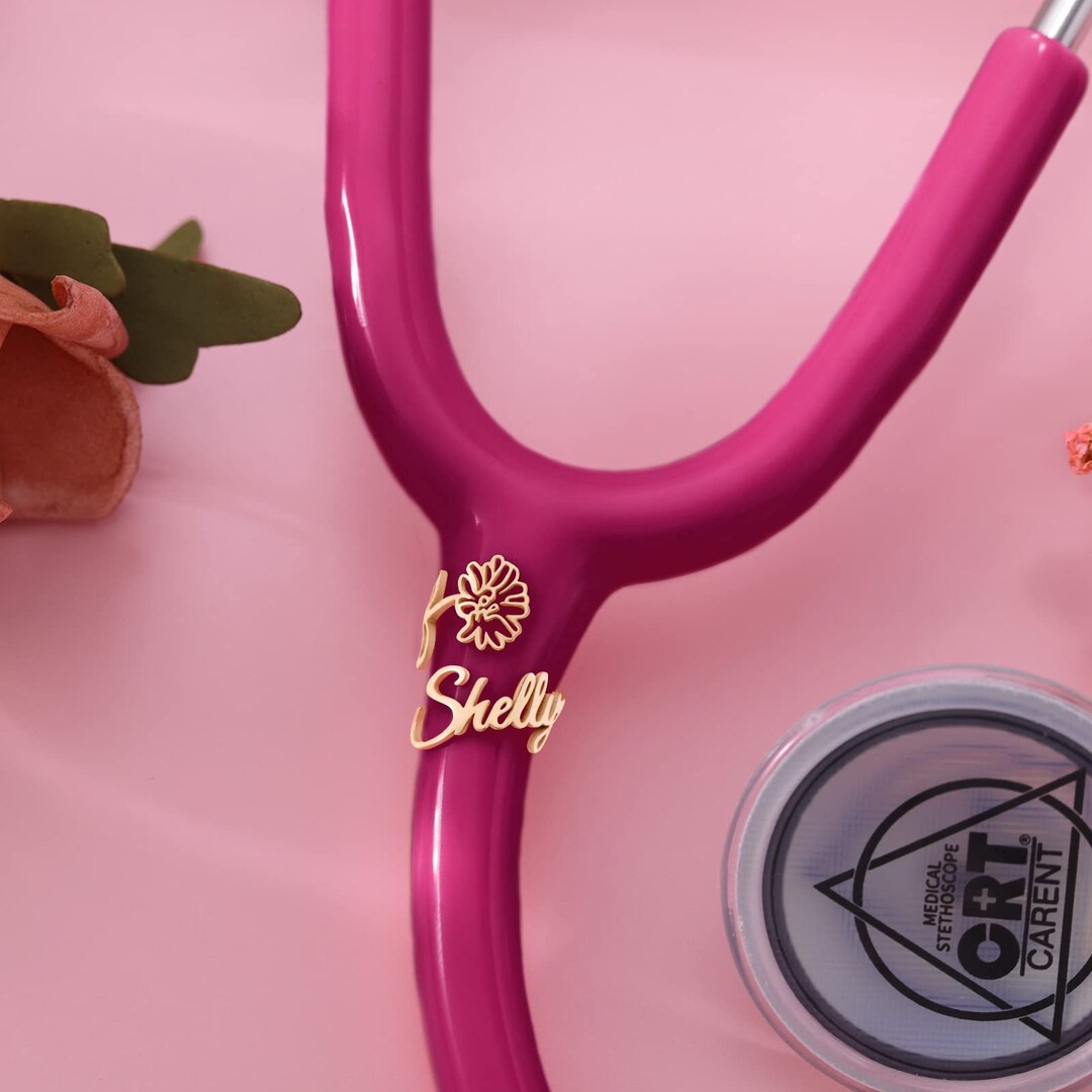 Personalized Stethoscope Birthflower Name Tag, Stethoscope Charms With