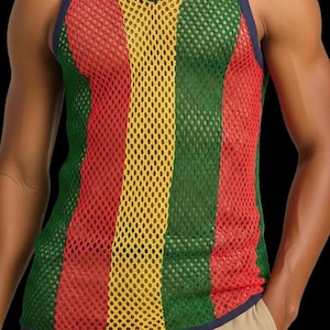 May include: A mesh tank top with a V-neck design. The top features vertical stripes in red, yellow, and green, with a navy blue trim. The garment is made of a breathable, open-weave fabric.