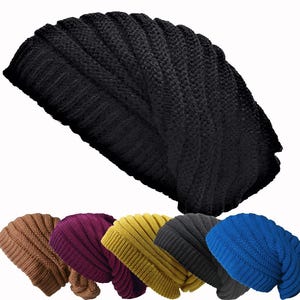May include: A set of ten knitted beanies in various colours, including black, brown, burgundy, yellow, grey, and blue. The beanies are made of a soft, stretchy material and have a slouchy fit.