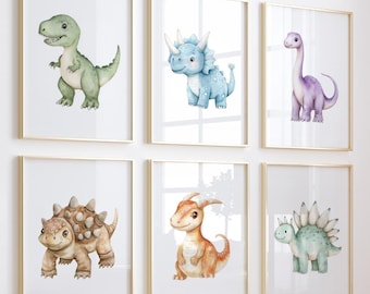 Watercolor Dinosaur Prints: Nursery Wall Art, Set of 6 (Digital Download)