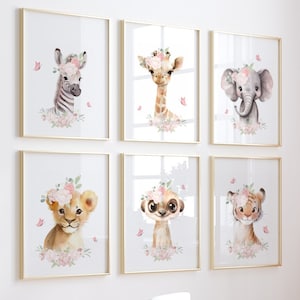 Safari Nursery Decor, Nursery Wall Art Printable Set of 6, Baby Animals Prints, Baby Girl Wall Art, Safari Nursery Prints, Floral Nursery
