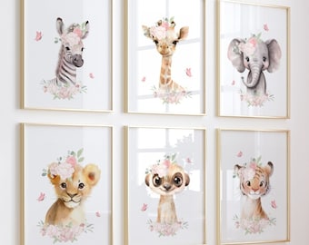 Decoração Safari para Quarto de Bebê, Conjunto de 6 Impressões de Arte de Parede para Quarto de Bebê, Impressões de Animais Bebês, Arte de Parede para Bebê Menina, Impressões Safari para Quarto de Bebê, Quarto de Bebê Floral