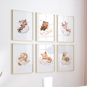 Kinderzimmer Wandkunst, 6er Set, Walddekor, schlafende Tiere, neutrale Waldkunst, Waldkinderzimmer, Waldtierdruck, niedlich