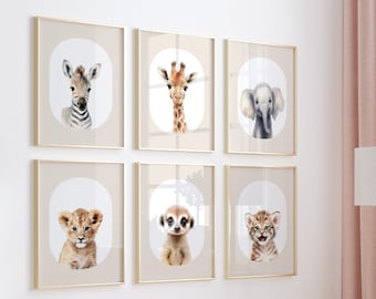 Decorazioni per cameretta dei bambini a tema safari, set da 6, decorazioni murali per cameretta dei bambini, stampe per cameretta dei bambini, arte stampabile, cuccioli, tema giungla, quadri per cameretta dei bambini, colori neutri