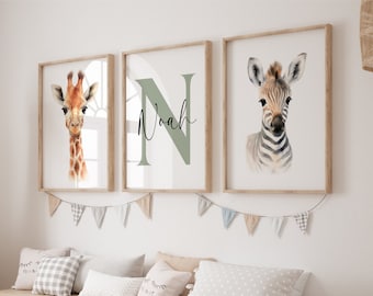 Nursery Wall Art Printable Set of 3, Personalized Name, Safari Nursery Decor, Jungle Nursery Decor, Safari Nursery Prints, Neutral Nursery