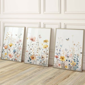 Wilde bloemenprint, afdrukbare muurkunst babymeisje kinderkamer, set van 3, aquarelbloemen, bloemenkwekerij, kinderkamer wilde bloemen, meisjes kinderkamer prints