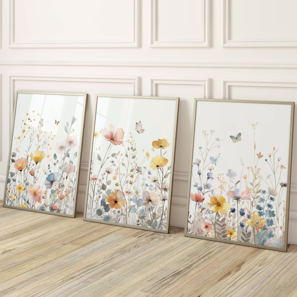 Impression de fleurs sauvages, art mural pour chambre de bébé fille, imprimable, lot de 3, aquarelles de fleurs, fleurs de chambre d'enfant, fleurs sauvages, impressions pour chambre d'enfants