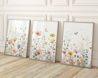 ワイルドフラワープリント、女の子の赤ちゃんの保育園の壁アートプリント、3枚セット、水彩画の花、保育園の花柄、ワイルドフラワーの保育園、女の子の保育園のプリント