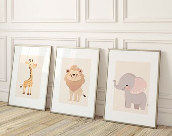 Decoração Safari para Quarto de Bebê, Conjunto de 3 Quadros Impressos para Parede, Animais em Movimento, Decoração de Quarto de Bebê com Tema de Selva, Quadros Safari para Quarto de Bebê, Cores Neutras