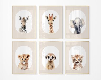 Stampe per cameretta con animali del safari: tema giungla neutro, set da 6 (download digitale)