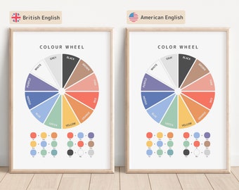 May include: Two framed color wheel posters with the title "COLOR WHEEL" in black text. The color wheel is divided into 12 sections with the names of the colors in white text. The colors are: red, orange, yellow, green, blue, indigo, violet, pink, brown, black, white, and gray. Below the color wheel are 12 small circles of each color.