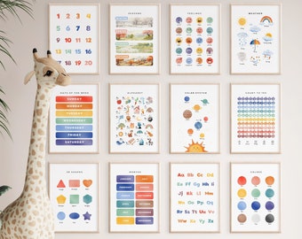 May include: A set of 12 colorful educational posters for children. The posters feature various topics, including numbers, days of the week, months, alphabet, colors, shapes, weather, feelings, seasons, solar system, and counting to 100.