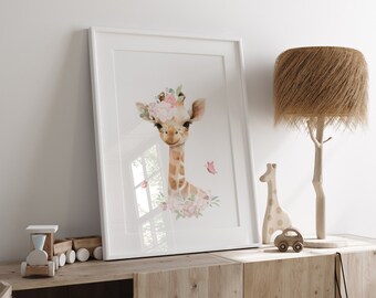 Estampa de Girafa, Decoração Safari para Quarto de Bebê, Arte de Parede Imprimível para Quarto de Bebê, Impressões de Animais Bebês, Arte de Parede para Bebê Menina, Impressões Safari para Quarto de Bebê, Floral